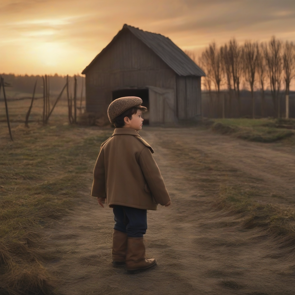 a boy in a coat leaves the farm at dusk by मुफ्त एआई छवि जनरेटर - बिना लॉगिन के✨ | AIGAZOU