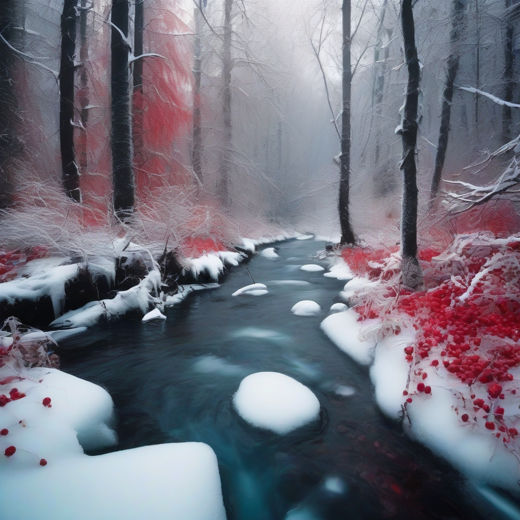 vibrant forest with thick brush red berries snow by मुफ्त एआई छवि जनरेटर - बिना लॉगिन के✨ | AIGAZOU