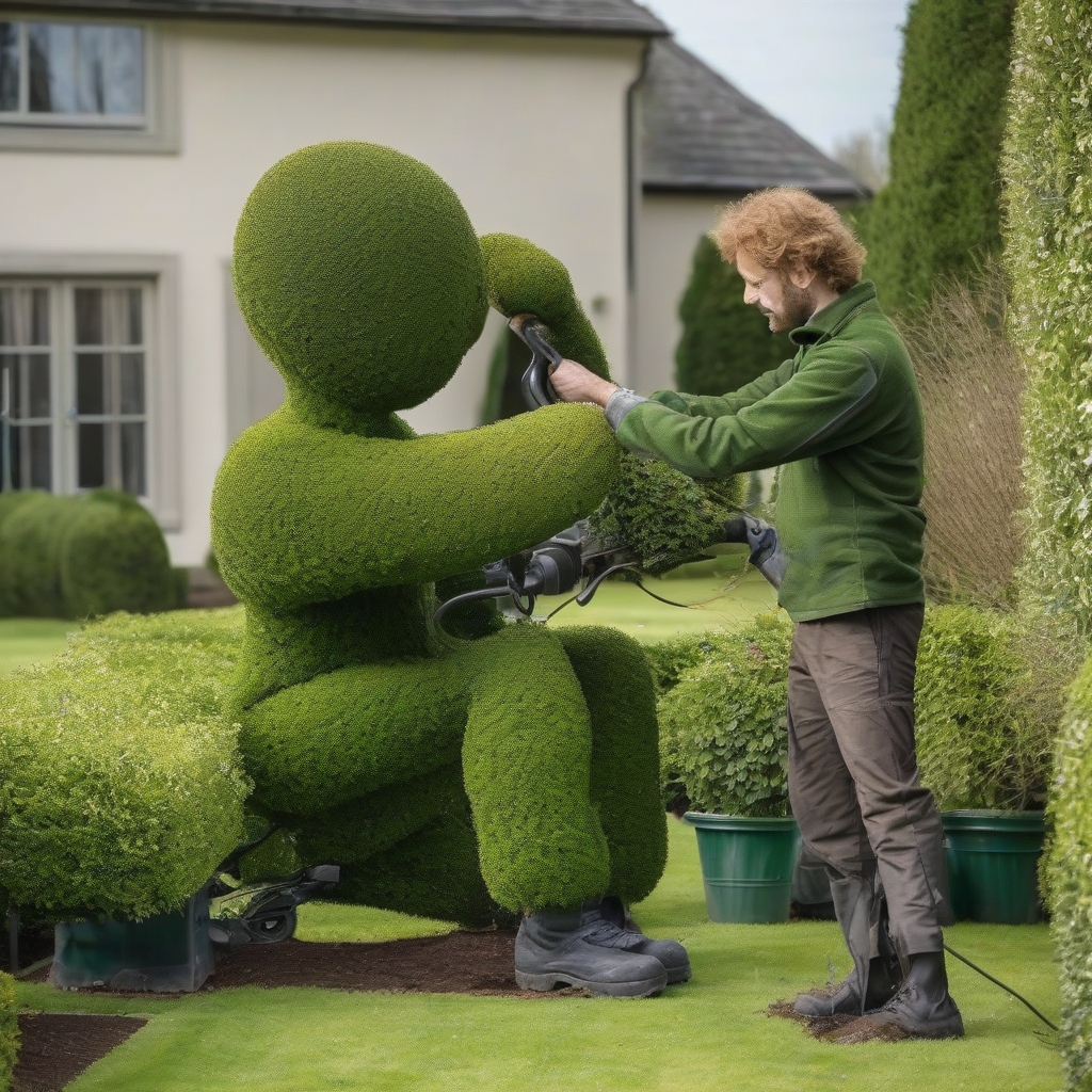 a gardener trimming a human shaped potted plant by Générateur d'images par IA gratuit - Aucune connexion nécessaire✨ | AIGAZOU