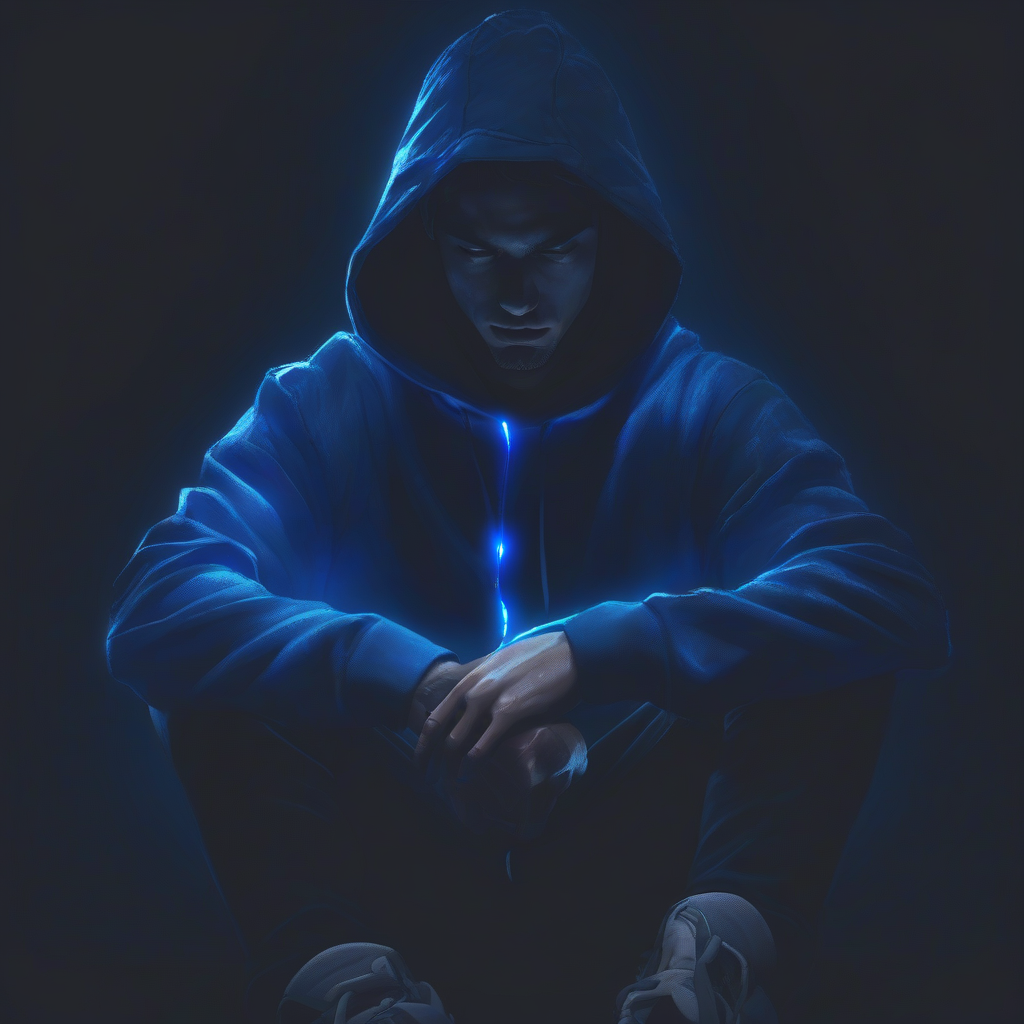 man sitting upper body dark night blue glow hoodie by मुफ्त एआई छवि जनरेटर - बिना लॉगिन के✨ | AIGAZOU