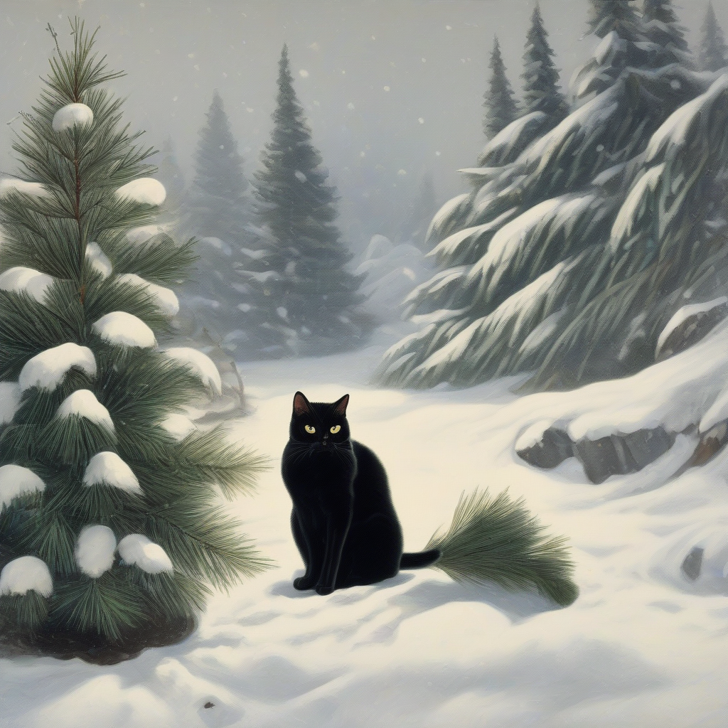 a black hunchbacked cat in front of a fir tree in the snow by मुफ्त एआई छवि जनरेटर - बिना लॉगिन के✨ | AIGAZOU