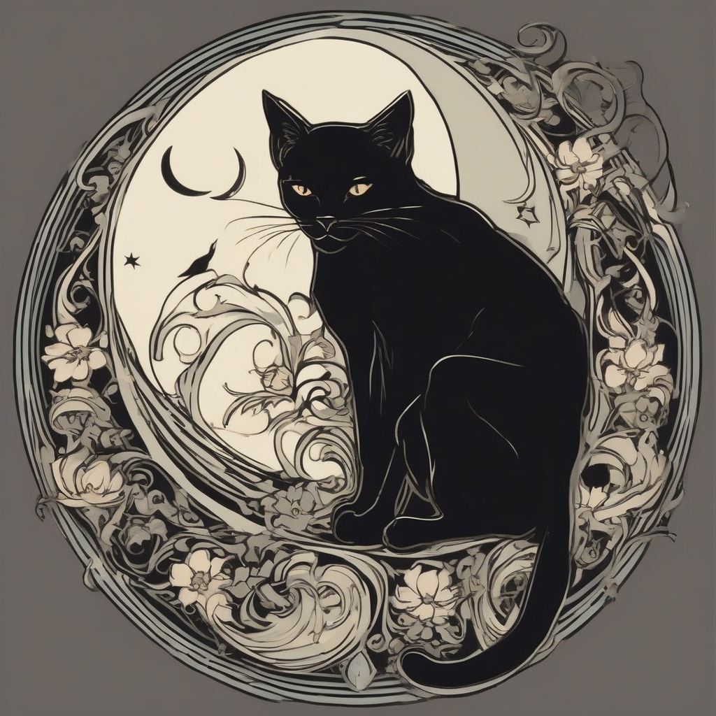 alfons mucha style black cat and crescent moon by मुफ्त एआई छवि जनरेटर - बिना लॉगिन के✨ | AIGAZOU