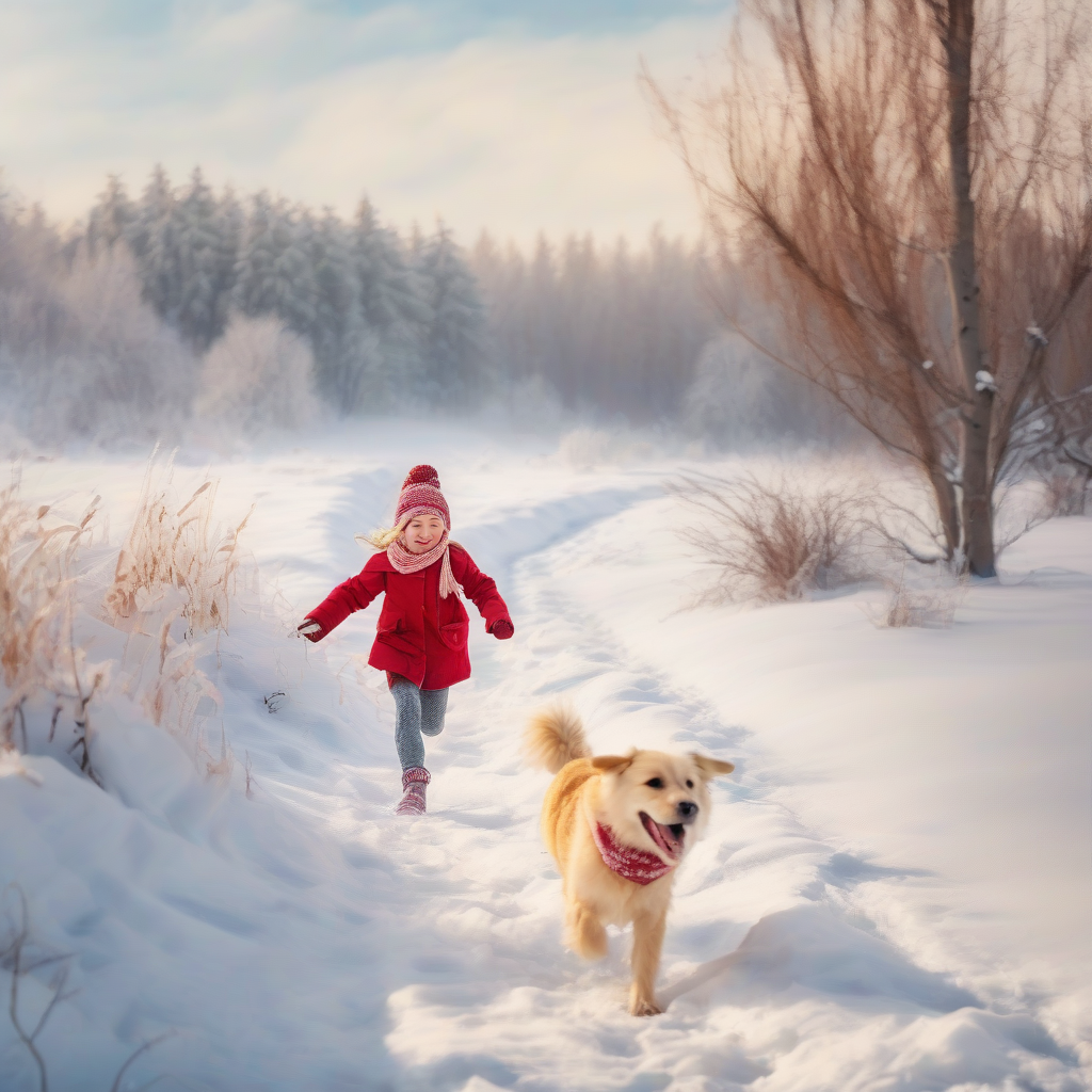 little blonde girl red scarf warm clothing running with her dog winter landscape by Générateur d'images par IA gratuit - Aucune connexion nécessaire✨ | AIGAZOU