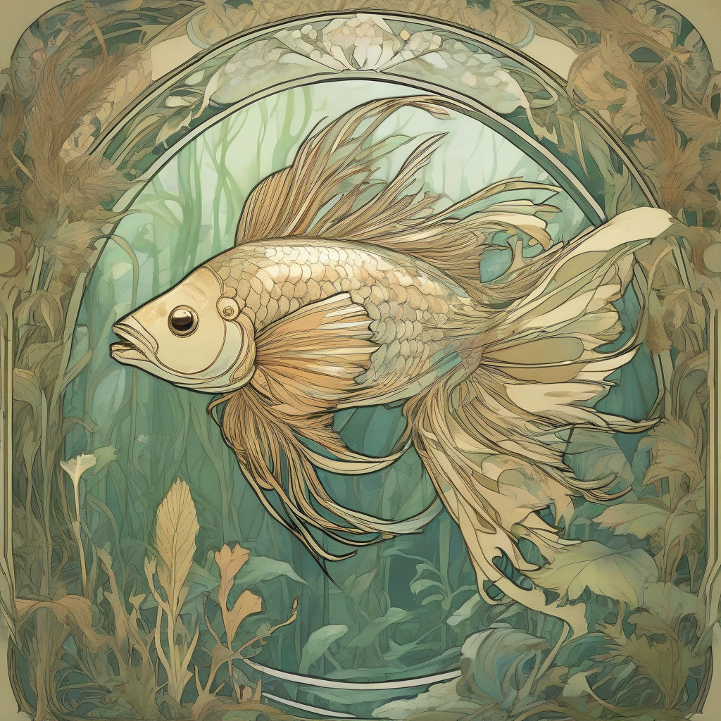 alfons mucha style feathered fish in forest aquarium by Free AI Image Generator & Maker - No login required✨ | AIGAZOU