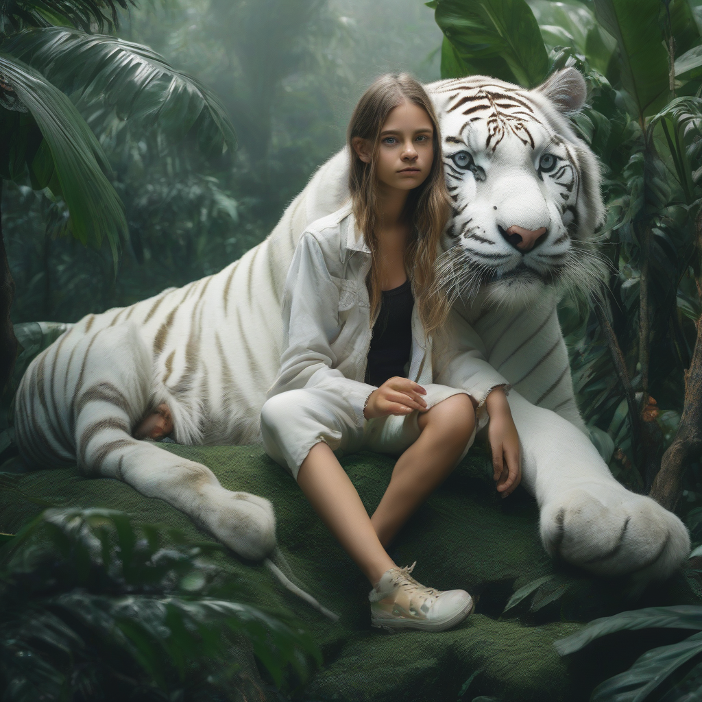 girl sitting on white tiger in jungle by मुफ्त एआई छवि जनरेटर - बिना लॉगिन के✨ | AIGAZOU