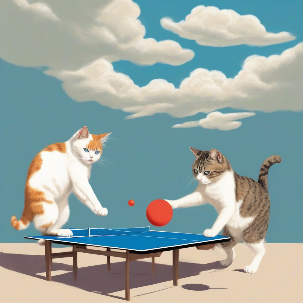 two cats playing ping pong under blue sky by मुफ्त एआई छवि जनरेटर - बिना लॉगिन के✨ | AIGAZOU