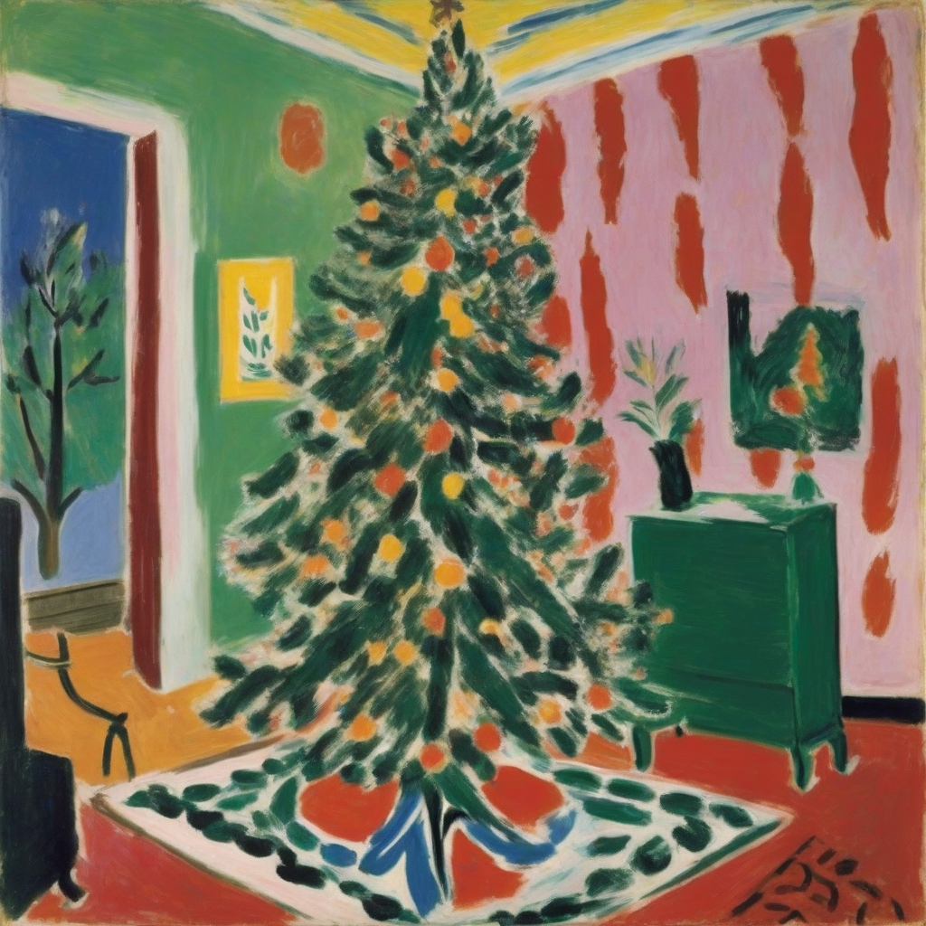 henri matisse christmas tree in a luxurious room rough brushstrokes 1964 by मुफ्त एआई छवि जनरेटर - बिना लॉगिन के✨ | AIGAZOU