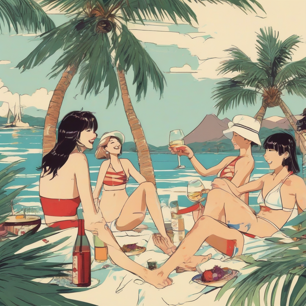 palm tree beach wine party three people having fun swimwear japanese illustration artistically drawn by Générateur d'images par IA gratuit - Aucune connexion nécessaire✨ | AIGAZOU