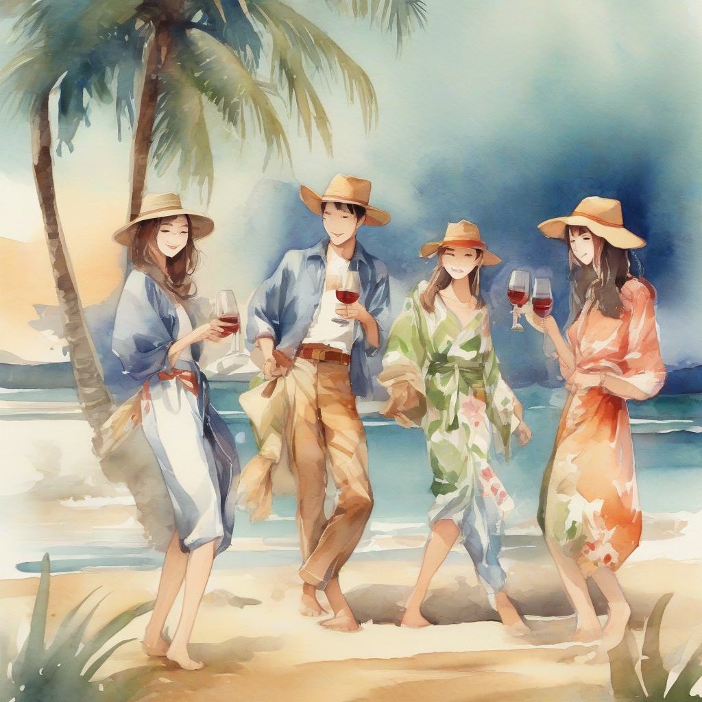 palm tree beach party five people having fun by Générateur d'images par IA gratuit - Aucune connexion nécessaire✨ | AIGAZOU