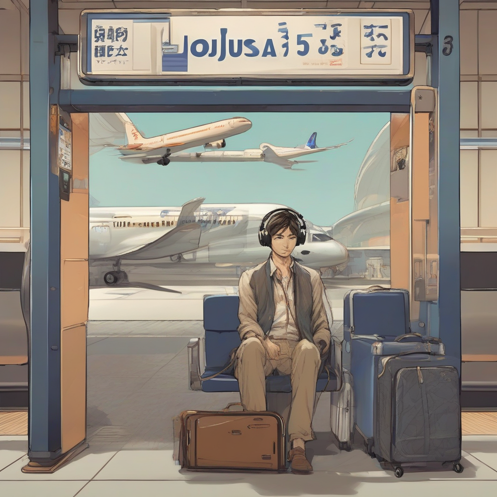 airport airplane male character jojo style hokusai style mucha style headphones gate 55 waiting room by मुफ्त एआई छवि जनरेटर - बिना लॉगिन के✨ | AIGAZOU