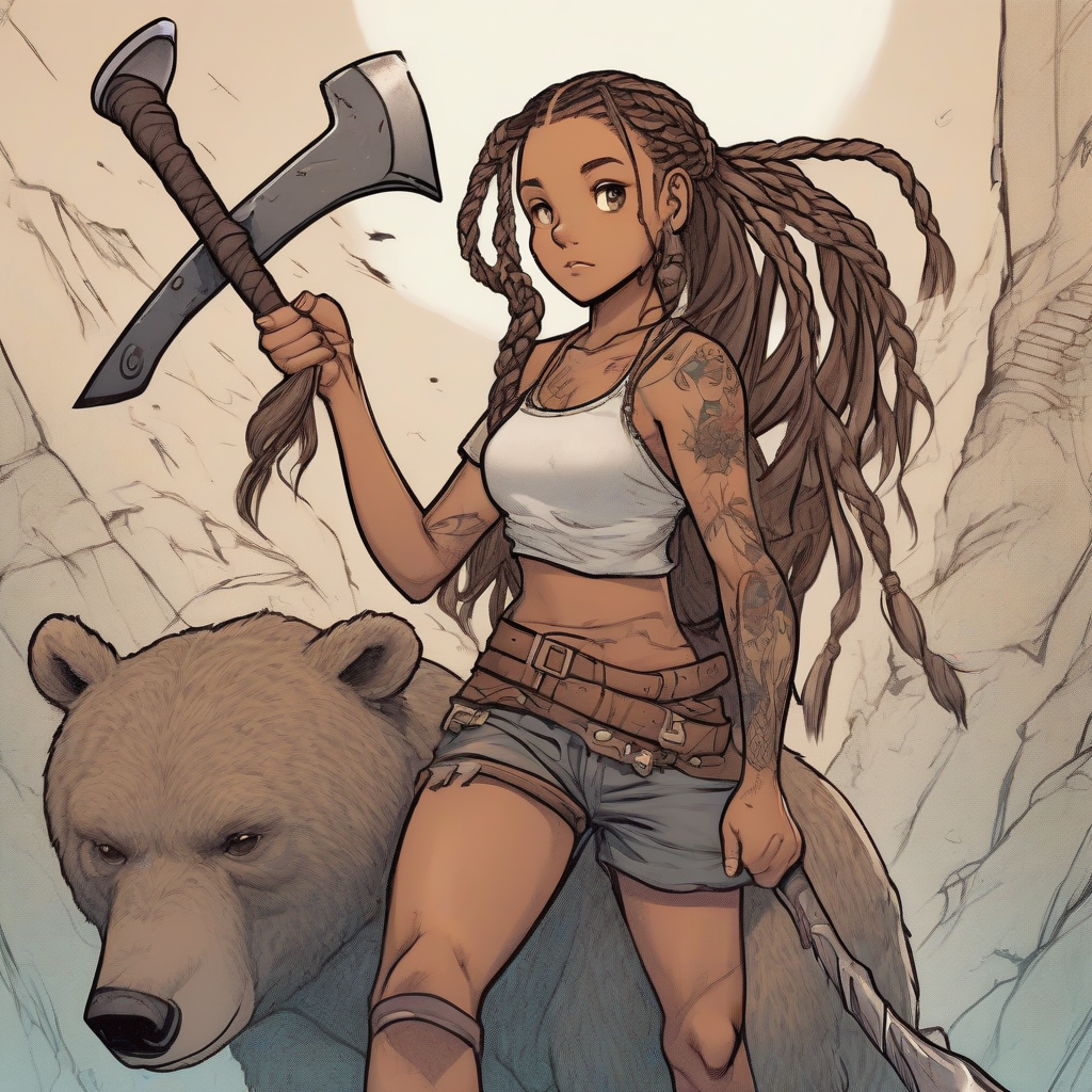 young girl with tan skin long brown braids tattoos on arms wielding a metal axe riding a bear manga style by मुफ्त एआई छवि जनरेटर - बिना लॉगिन के✨ | AIGAZOU