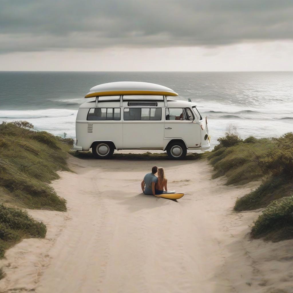 white bus with surfboard on roof in nature by Générateur d'images par IA gratuit - Aucune connexion nécessaire✨ | AIGAZOU