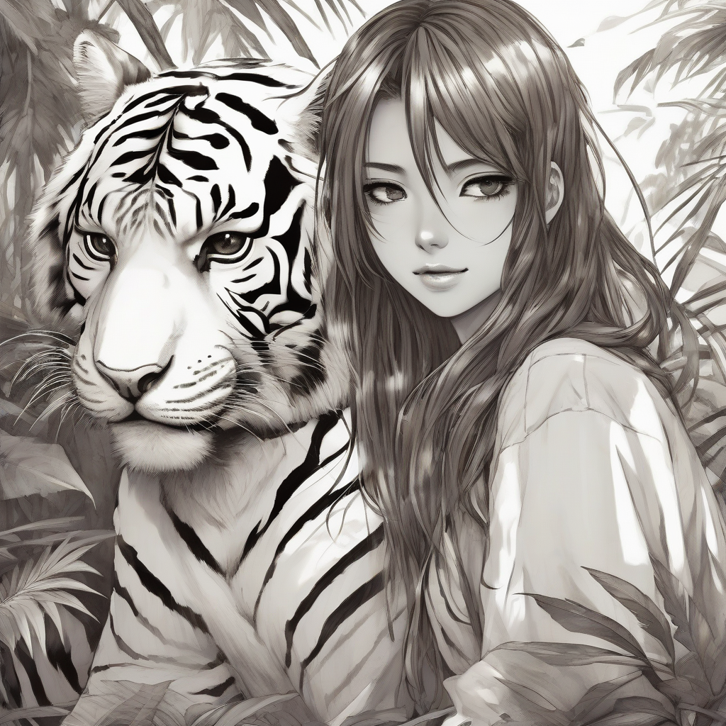 a bronzed girl with long hair and white tigers in a manga jungle by मुफ्त एआई छवि जनरेटर - बिना लॉगिन के✨ | AIGAZOU