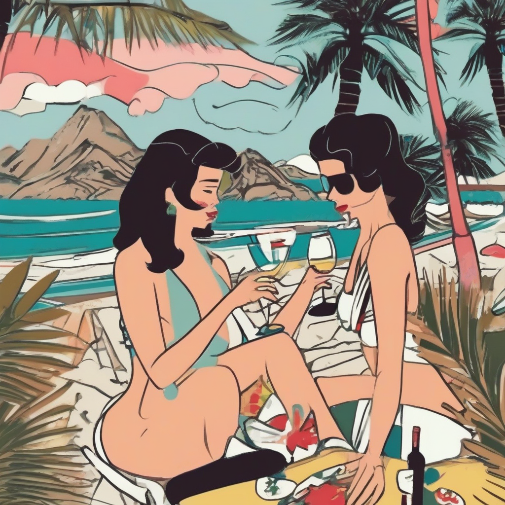 palm trees beach wine party two people having fun swimsuits japanese like picasso by मुफ्त एआई छवि जनरेटर - बिना लॉगिन के✨ | AIGAZOU