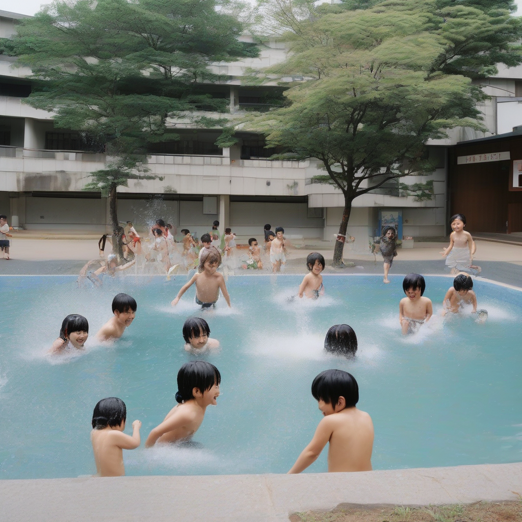 unused school pool japanese kids enjoy water play by मुफ्त एआई छवि जनरेटर - बिना लॉगिन के✨ | AIGAZOU