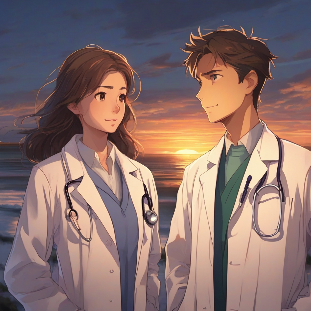 young man and woman in doctors coat at sunset by मुफ्त एआई छवि जनरेटर - बिना लॉगिन के✨ | AIGAZOU