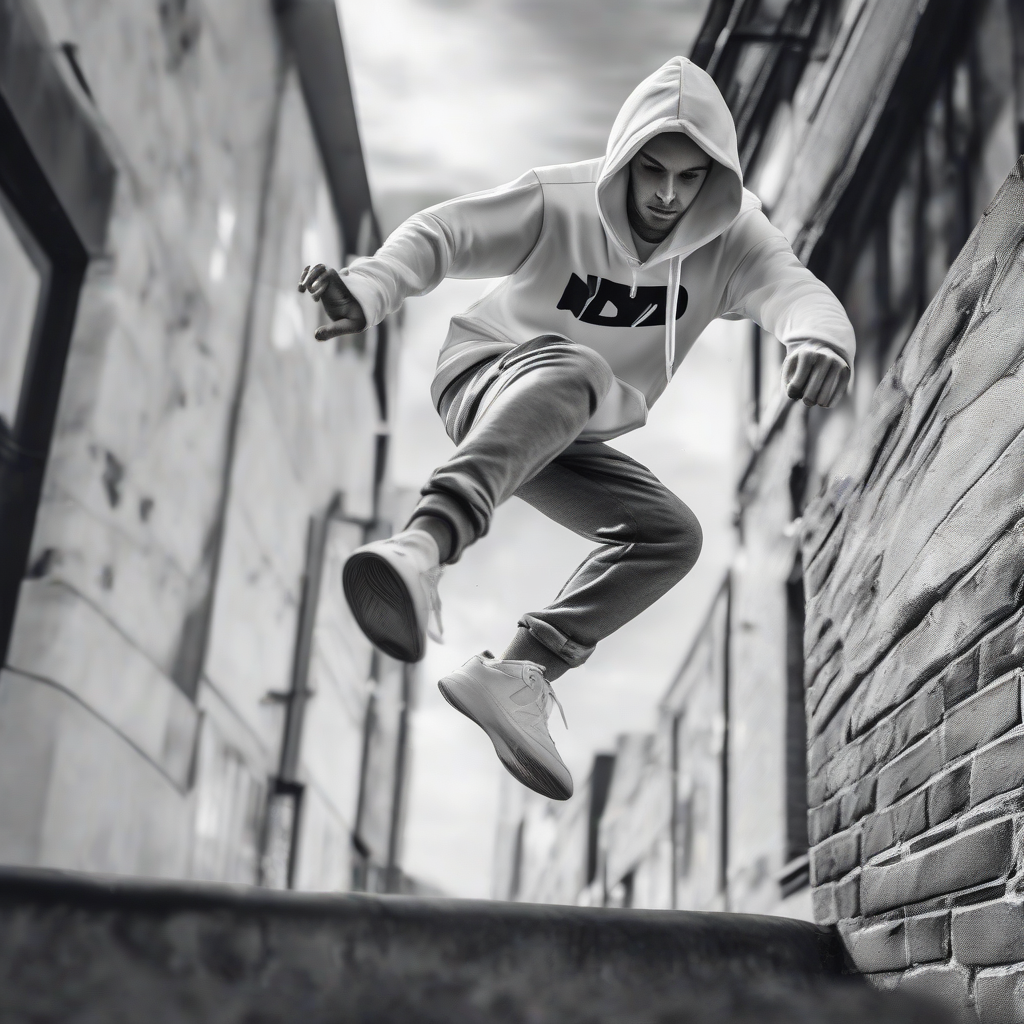 a parkour runner with white sneakers and hoodie by Générateur d'images par IA gratuit - Aucune connexion nécessaire✨ | AIGAZOU