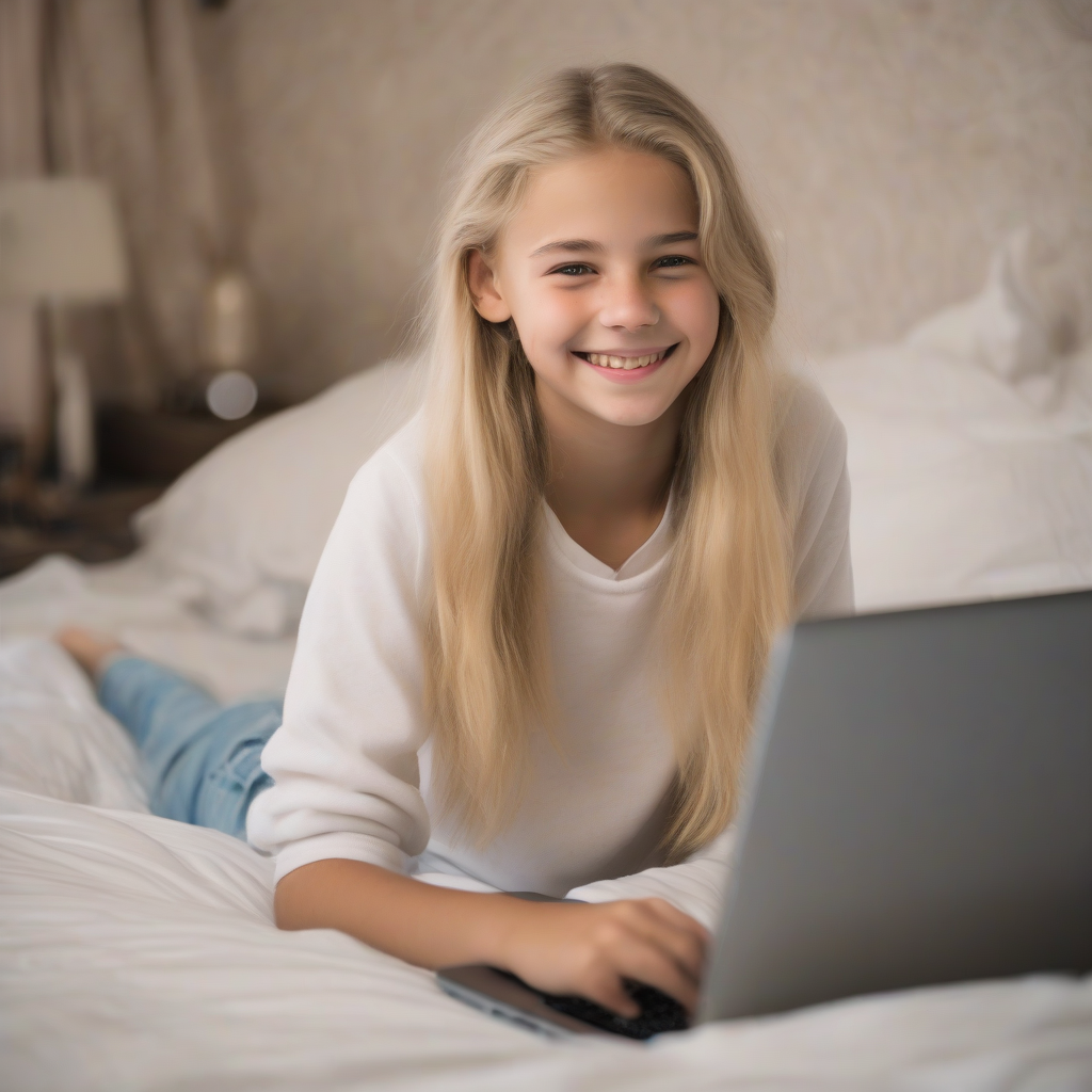 13 year old girl blonde hair smiling bed laptop by Générateur d'images par IA gratuit - Aucune connexion nécessaire✨ | AIGAZOU