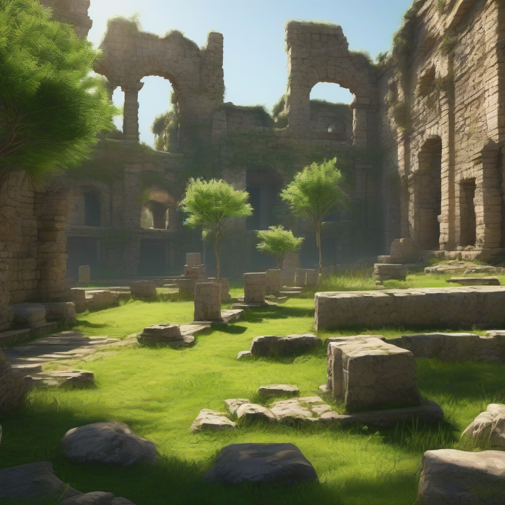 sunlight shines on the green grass connecting the abandoned ancient city by Générateur d'images par IA gratuit - Aucune connexion nécessaire✨ | AIGAZOU