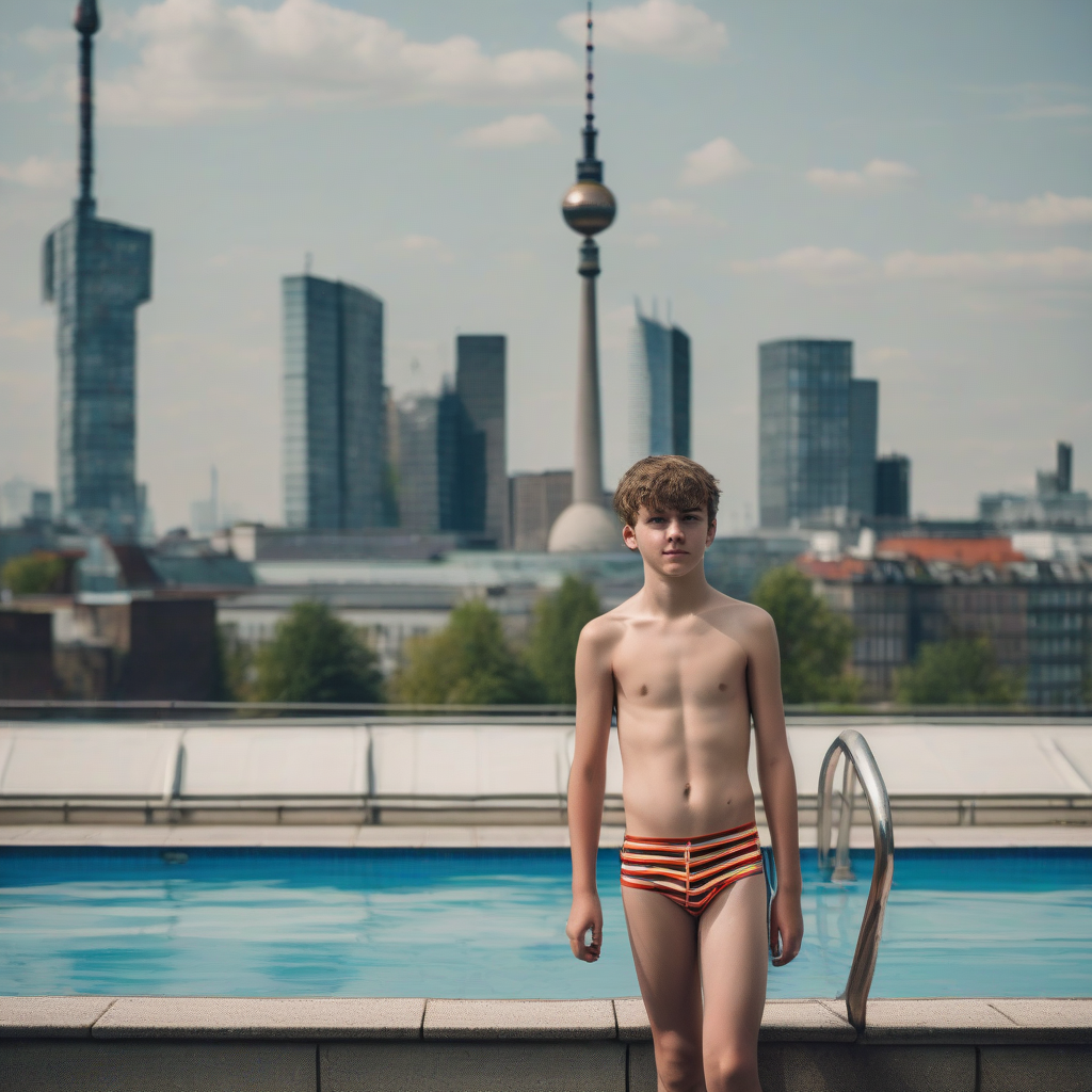 teenage boy in speedos at pool berlin skyline by Générateur d'images par IA gratuit - Aucune connexion nécessaire✨ | AIGAZOU