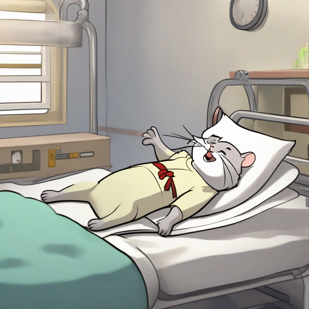 generate a picture of the mouse from the cat and teacher cartoon lying on a hospital bed with a happy by Free AI Image Generator & Maker - No login required✨ | AIGAZOU