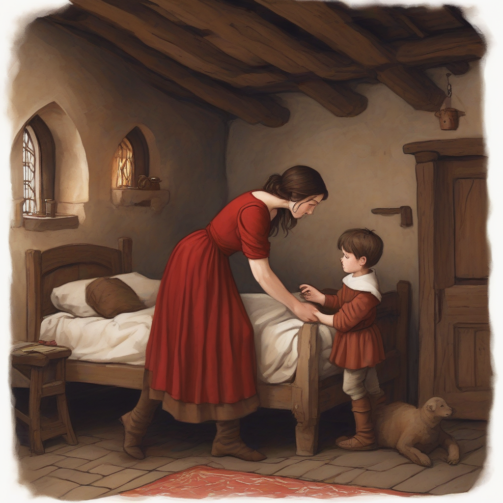 brunette woman in red dress putting boy to bed by मुफ्त एआई छवि जनरेटर - बिना लॉगिन के✨ | AIGAZOU