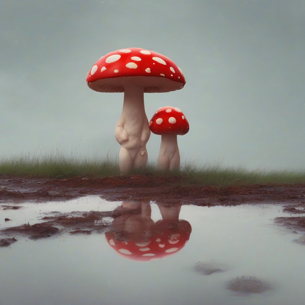 red mushroom shaped man near a puddle by मुफ्त एआई छवि जनरेटर - बिना लॉगिन के✨ | AIGAZOU