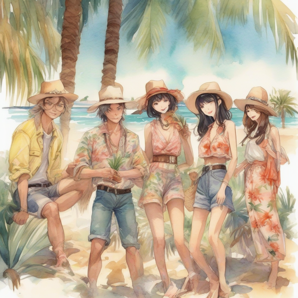 palm tree beach party five people having fun japanese illustration watercolor by मुफ्त एआई छवि जनरेटर - बिना लॉगिन के✨ | AIGAZOU