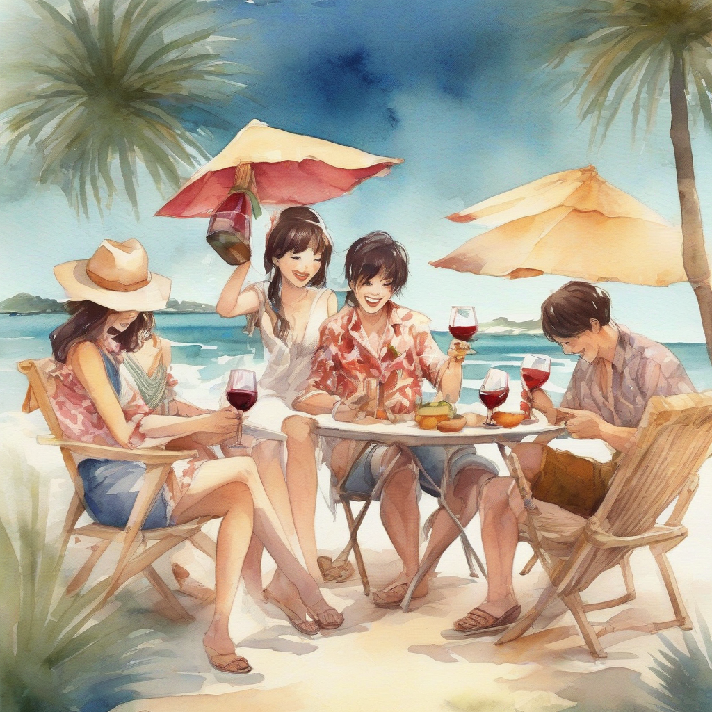 palm tree beach party five people having fun japanese illustration watercolor simplified art holding wine by मुफ्त एआई छवि जनरेटर - बिना लॉगिन के✨ | AIGAZOU