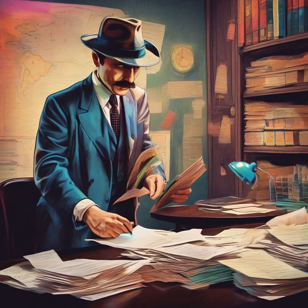 colorful detective analyzing documents by मुफ्त एआई छवि जनरेटर - बिना लॉगिन के✨ | AIGAZOU