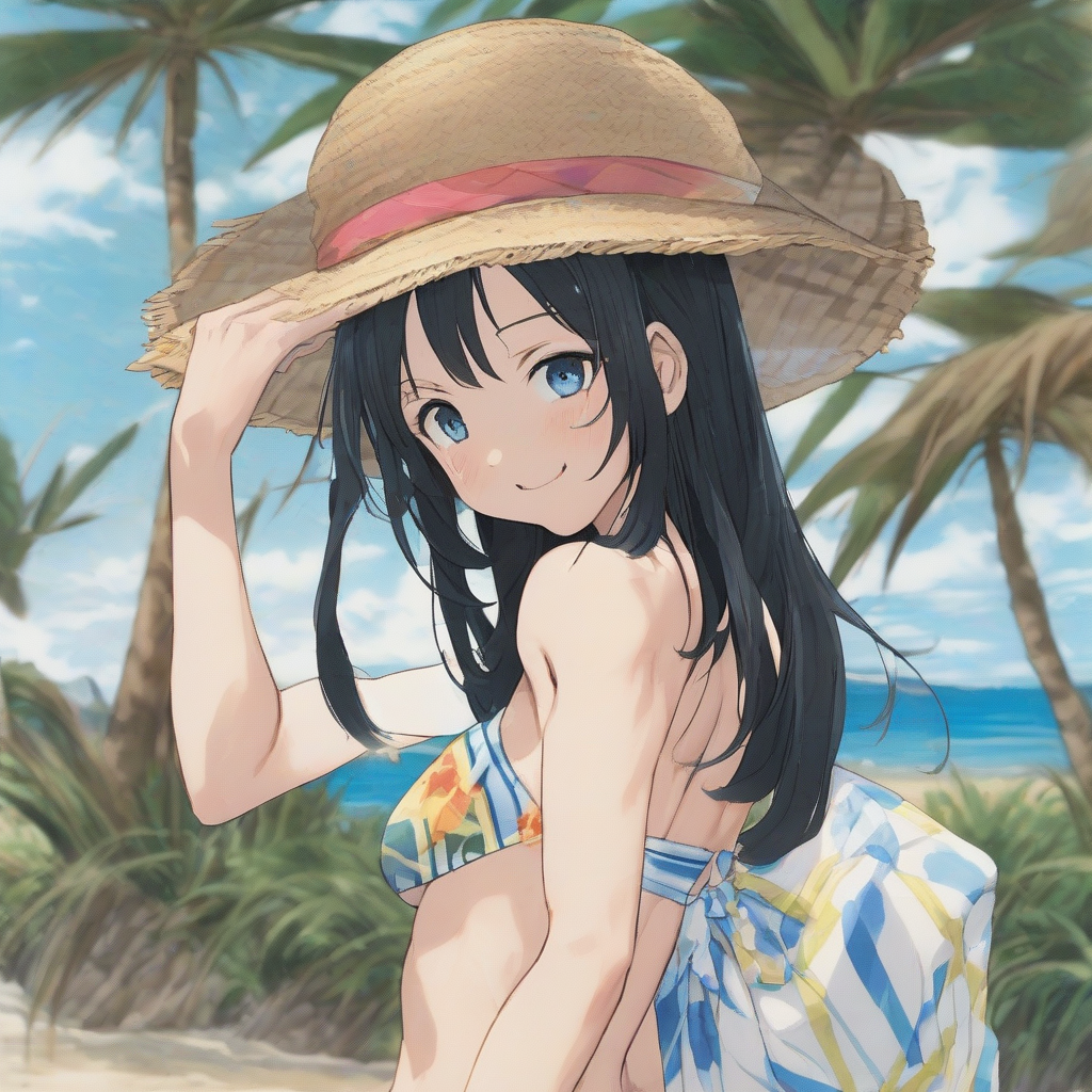 amami oshima beach long black hair odd eye blue right small chest smiling expression padded swimsuit middle school girl by मुफ्त एआई छवि जनरेटर - बिना लॉगिन के✨ | AIGAZOU