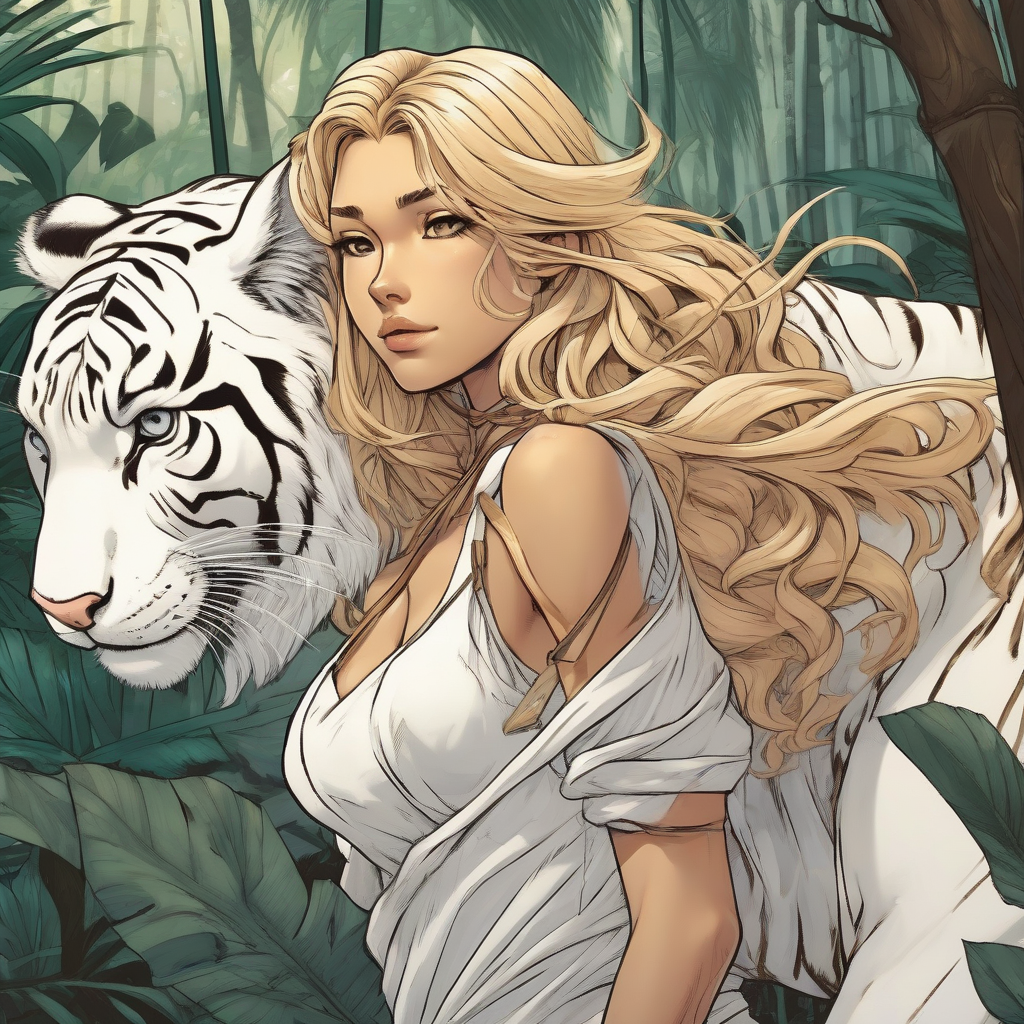 girl bronzed long blonde curly hair white tiger by मुफ्त एआई छवि जनरेटर - बिना लॉगिन के✨ | AIGAZOU