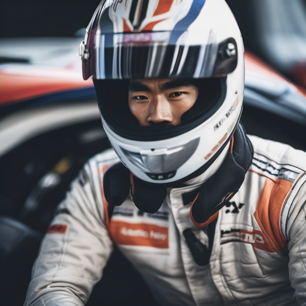 asian racing driver leaning against car wearing helmet by मुफ्त एआई छवि जनरेटर - बिना लॉगिन के✨ | AIGAZOU