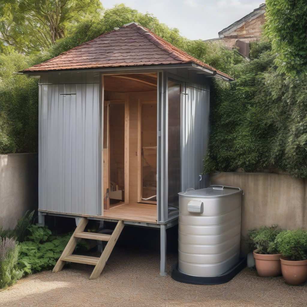 a small garden shed with a water tank by मुफ्त एआई छवि जनरेटर - बिना लॉगिन के✨ | AIGAZOU