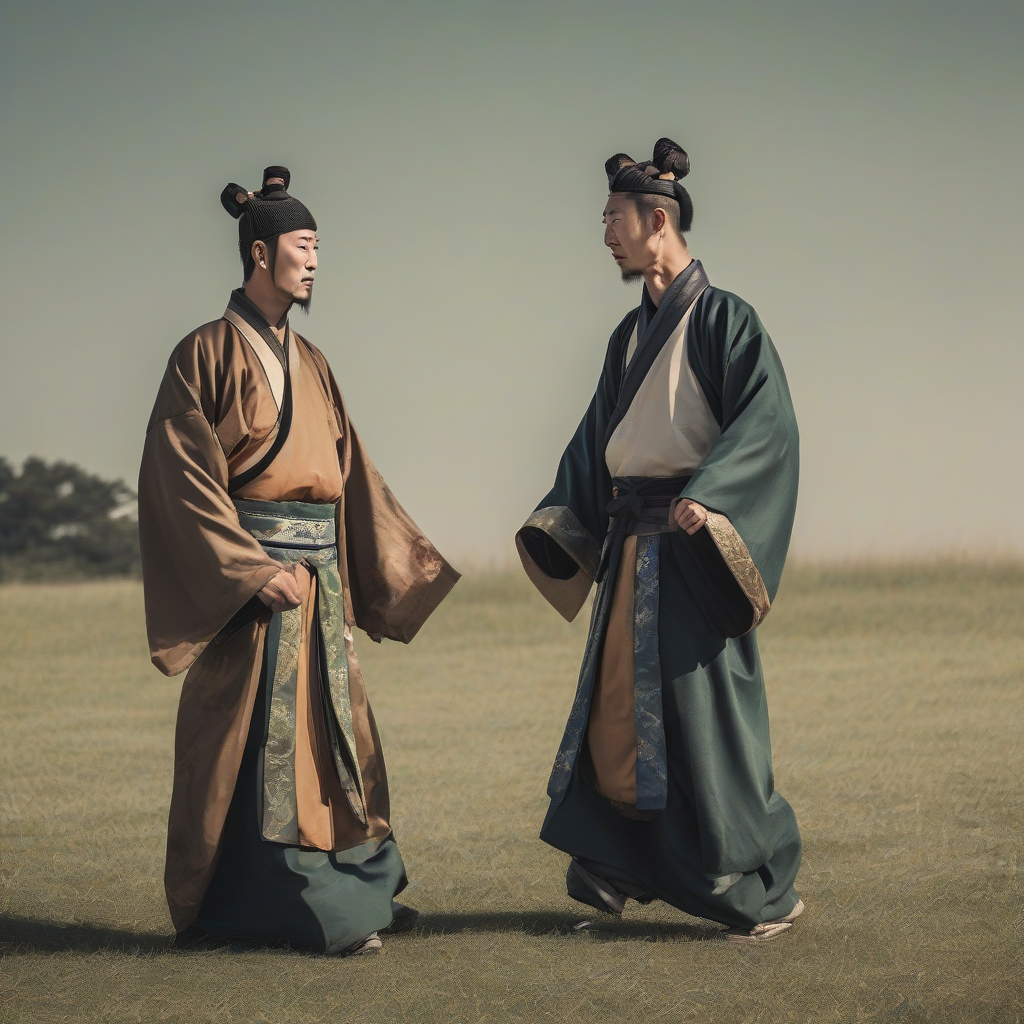 two men in tang dynasty robes on the grassland parting by Générateur d'images par IA gratuit - Aucune connexion nécessaire✨ | AIGAZOU