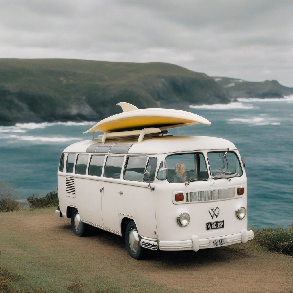 white bus with surfboard on roof in nature by मुफ्त एआई छवि जनरेटर - बिना लॉगिन के✨ | AIGAZOU