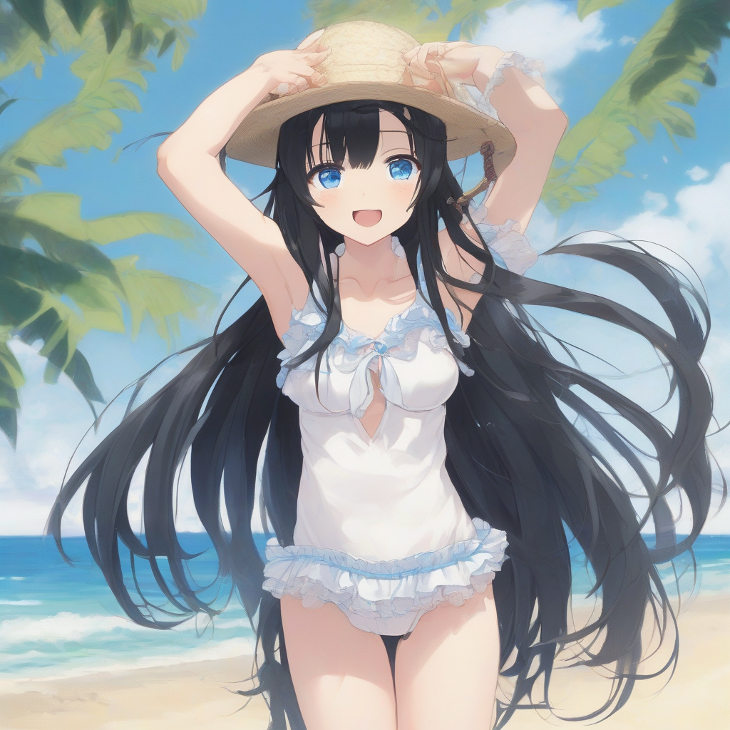 amami ohshima beach long black hair odd eye blue right slim smiling frilly swimsuit middle school girl by मुफ्त एआई छवि जनरेटर - बिना लॉगिन के✨ | AIGAZOU