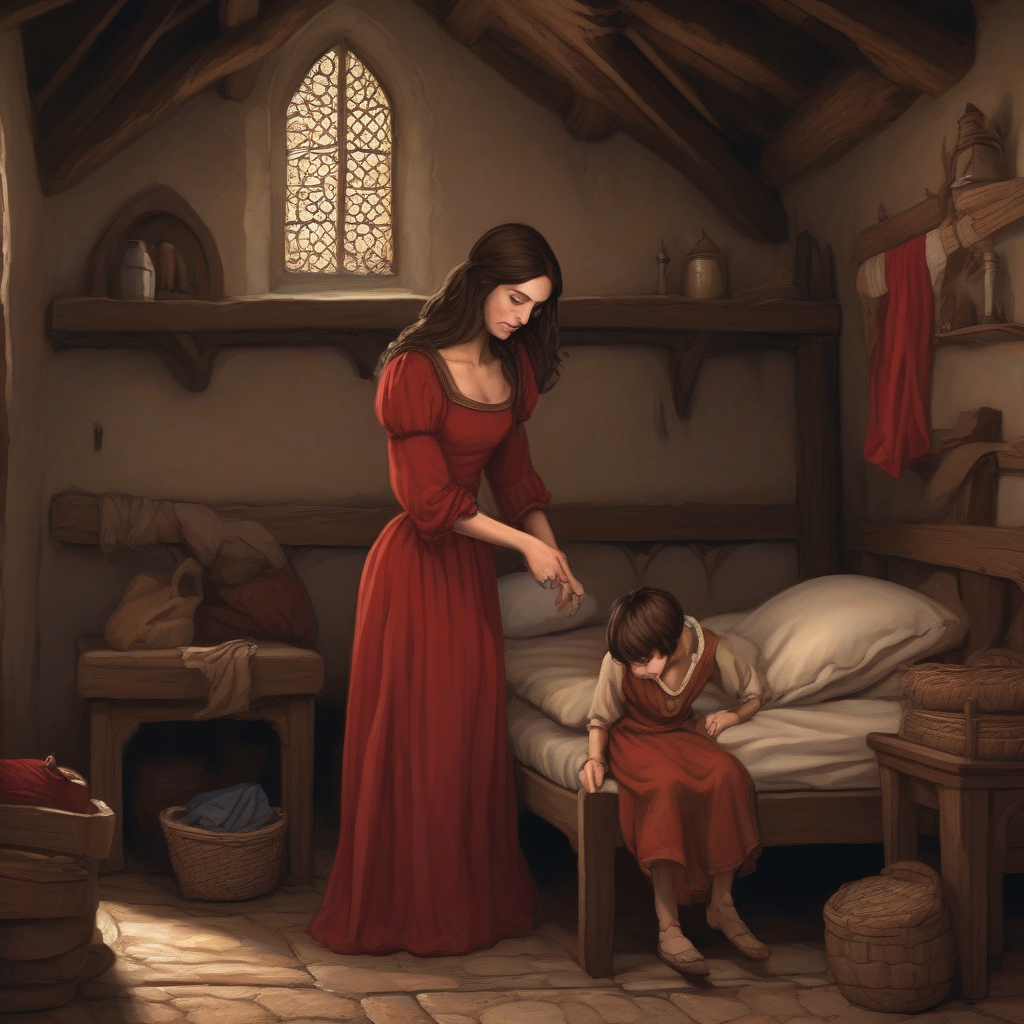 brunette woman in red dress putting brown haired boy to bed by मुफ्त एआई छवि जनरेटर - बिना लॉगिन के✨ | AIGAZOU