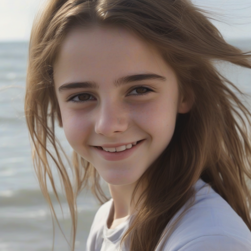 girl brown hair smiling at sea 14 years old resembles emma watson by मुफ्त एआई छवि जनरेटर - बिना लॉगिन के✨ | AIGAZOU