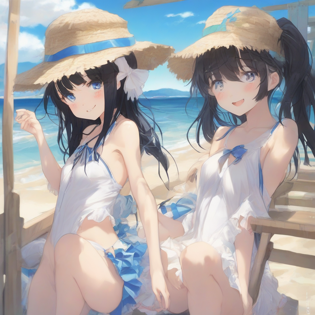 amami ohshima beach long black hair odd eye blue right slim smiling frilly separates swimsuit middle school girl by Générateur d'images par IA gratuit - Aucune connexion nécessaire✨ | AIGAZOU