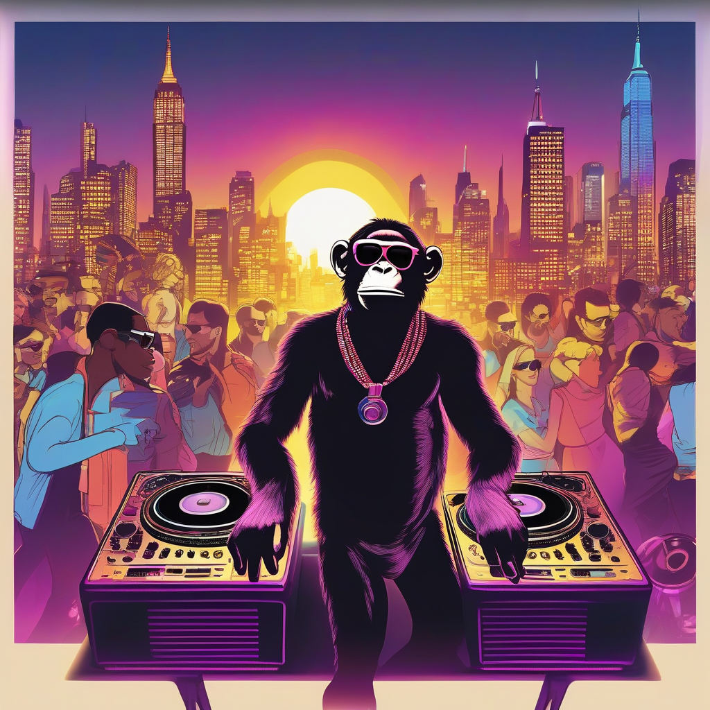 disco dj with schimpansenkopf with sunglasses with turntables in front of dancefloor with dancing people with the skyline of manhattan by मुफ्त एआई छवि जनरेटर - बिना लॉगिन के✨ | AIGAZOU