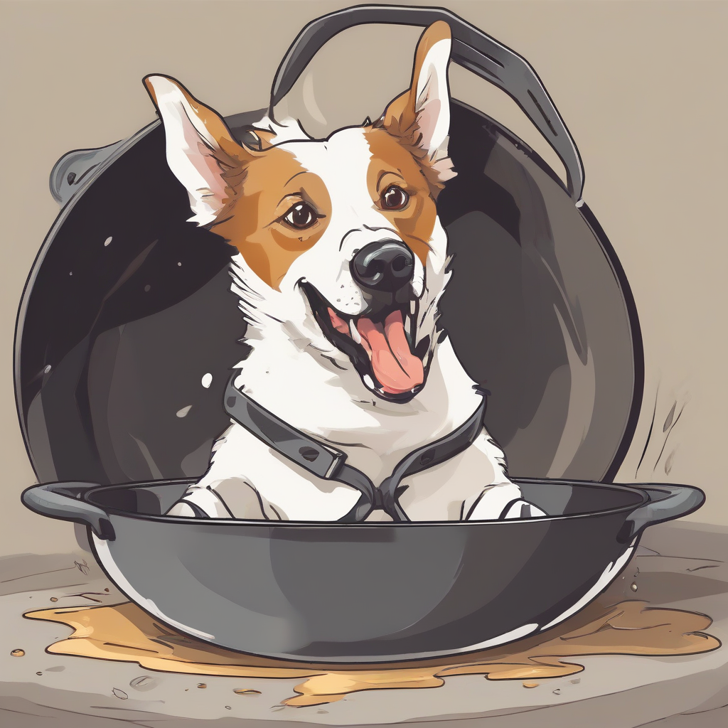 a dog sits in a pan and goes crazy by मुफ्त एआई छवि जनरेटर - बिना लॉगिन के✨ | AIGAZOU