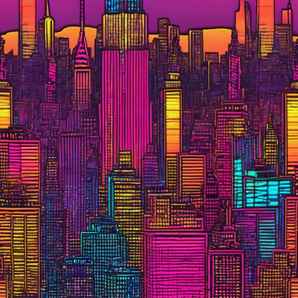 manhattan skyline sunset neon by मुफ्त एआई छवि जनरेटर - बिना लॉगिन के✨ | AIGAZOU