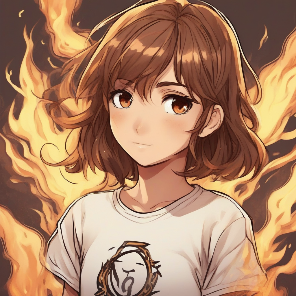 a brown haired teen with white details and brown eyes wearing a flame t shirt manga by Générateur d'images par IA gratuit - Aucune connexion nécessaire✨ | AIGAZOU