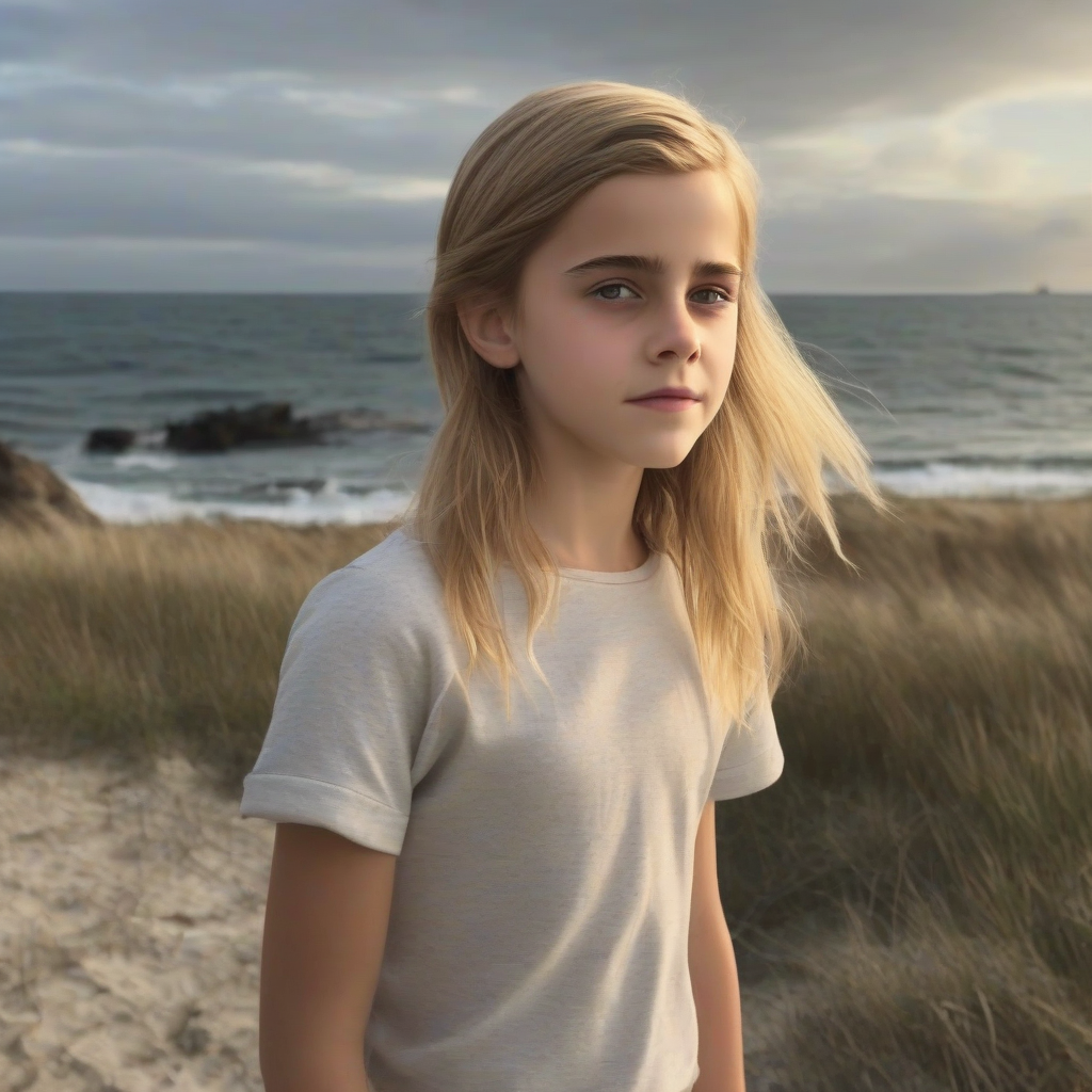 11 year old blonde girl at the sea reminiscent of emma watson by मुफ्त एआई छवि जनरेटर - बिना लॉगिन के✨ | AIGAZOU