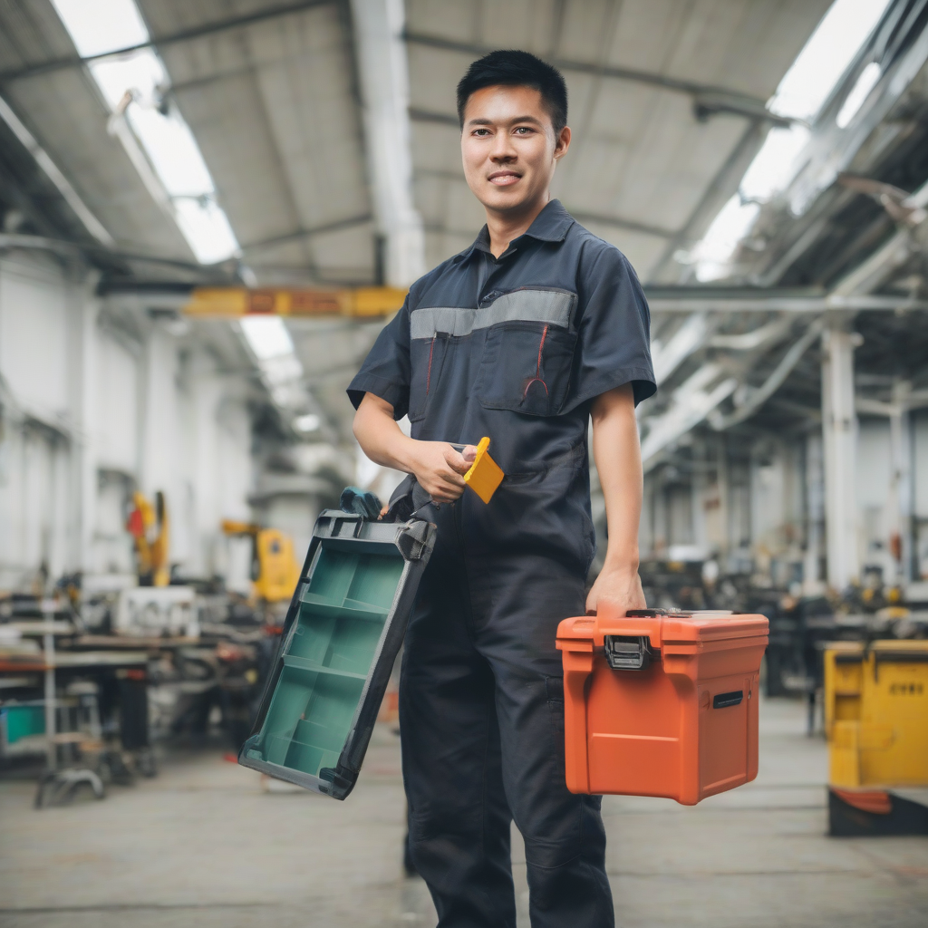 an asian engineering technician with a toolbox and tools by मुफ्त एआई छवि जनरेटर - बिना लॉगिन के✨ | AIGAZOU