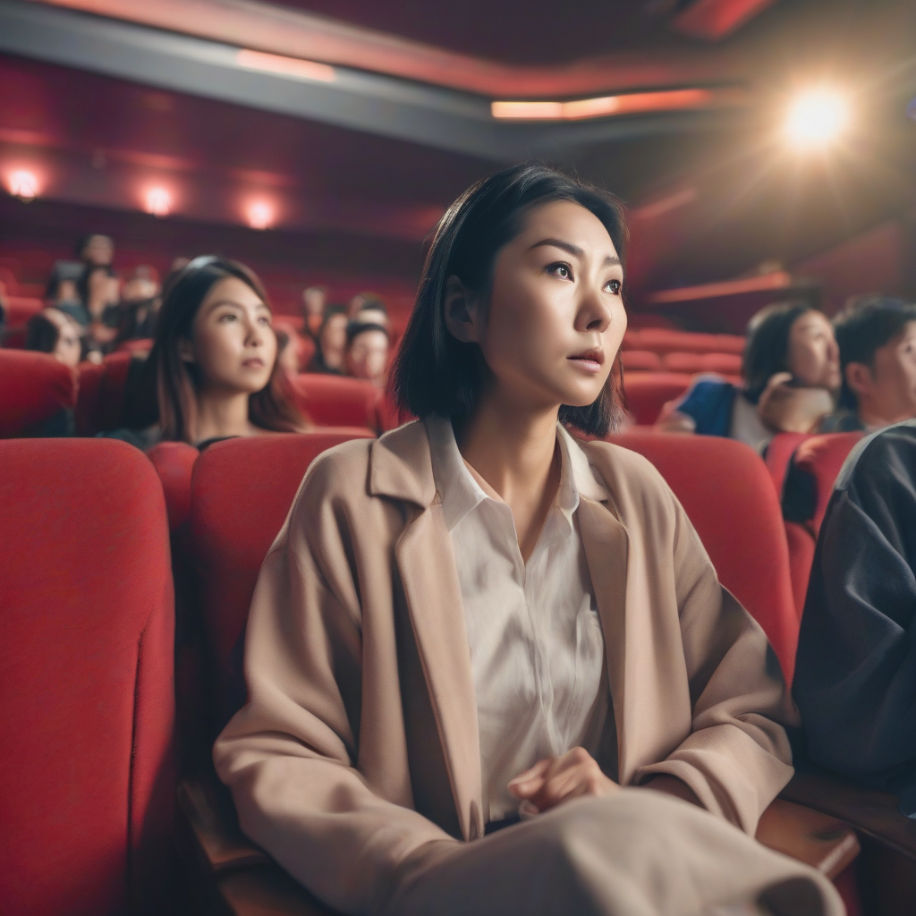 an asian woman watching a movie in a cinema by मुफ्त एआई छवि जनरेटर - बिना लॉगिन के✨ | AIGAZOU