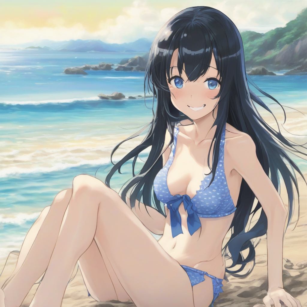 amami ohshima beach long black hair blue right eye slender body smiling expression frilly bikini middle school girl by मुफ्त एआई छवि जनरेटर - बिना लॉगिन के✨ | AIGAZOU