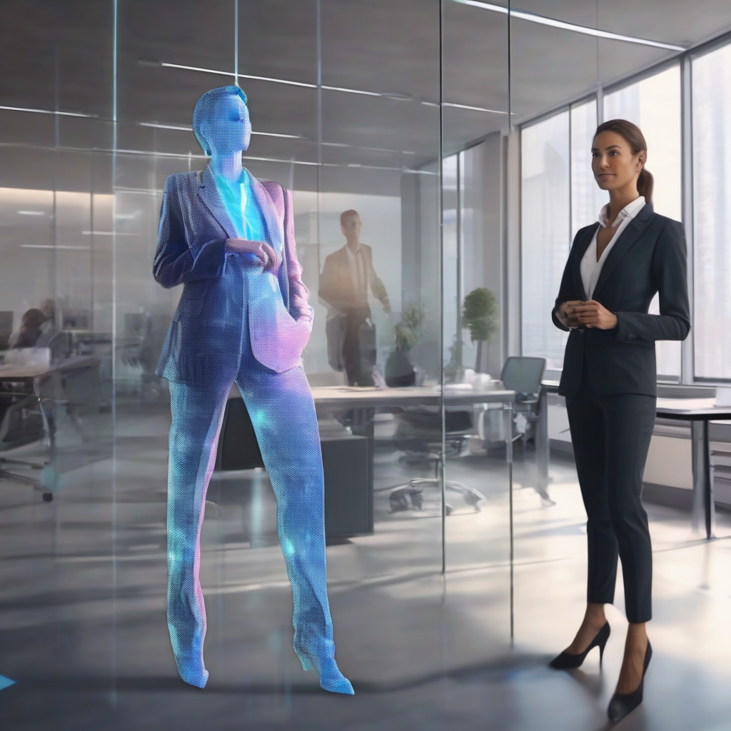 a woman in a business suit next to a male hologram in an office by मुफ्त एआई छवि जनरेटर - बिना लॉगिन के✨ | AIGAZOU