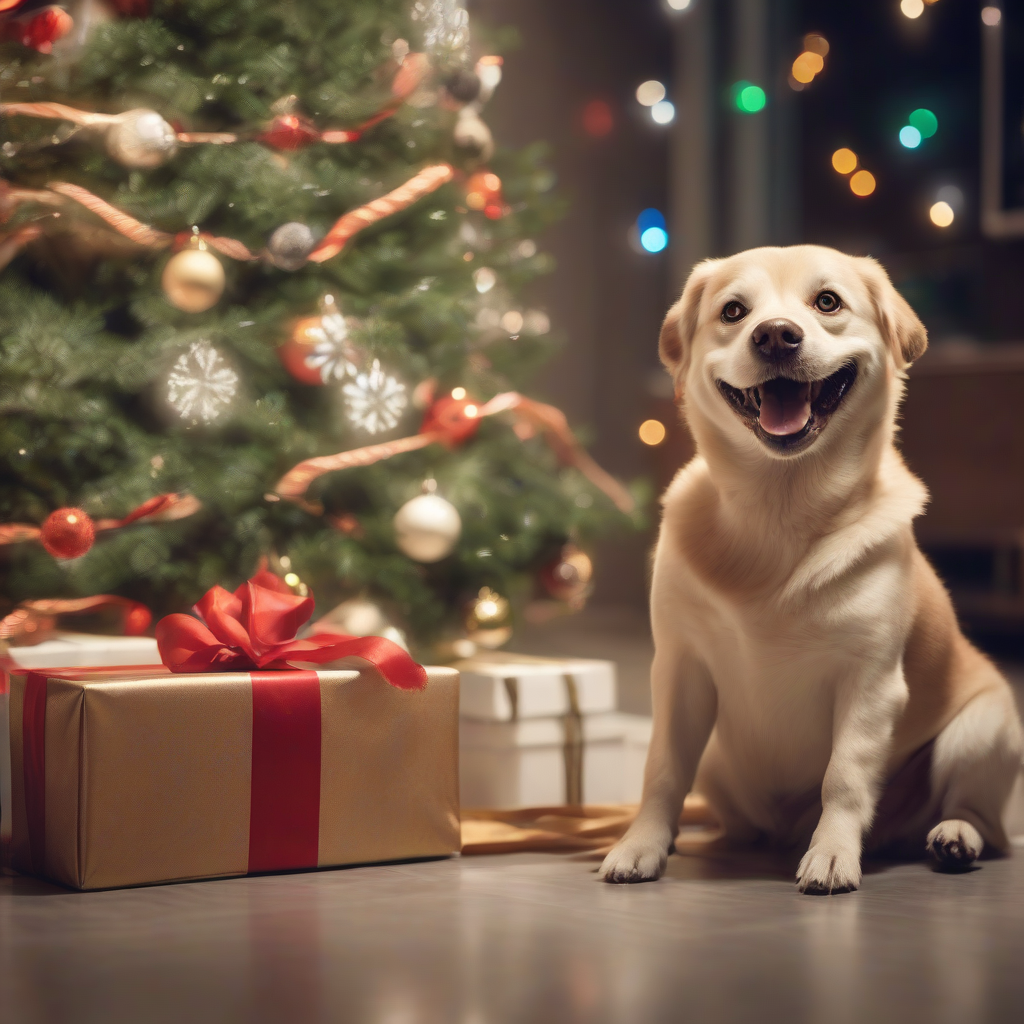 a smiling dog beside a christmas tree by मुफ्त एआई छवि जनरेटर - बिना लॉगिन के✨ | AIGAZOU